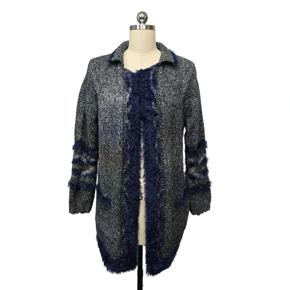 NIC+ZOE Mixed Media Faux Fur Trim Long Cardigan Sweater Women's Size Large